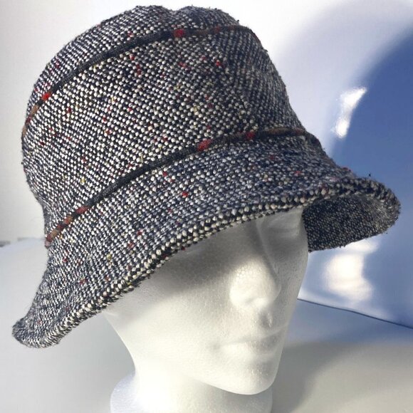 Scala Pronto OS Wool Blend Cloche Bucket Hat Tweed Black & White Plaid Trim - Picture 2 of 7